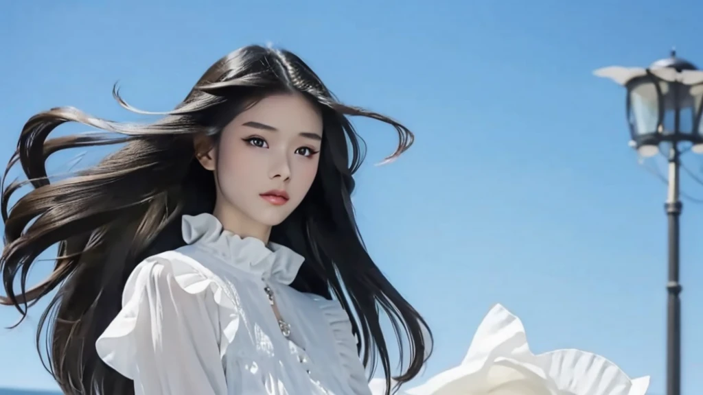 rice, Very detailed, Very realistic, Very sharp, Hyperrealism, Ultra-realistic, Highest quality, 1 girl, (独奏:1.3), (Long hair down to the knees:1.4, hime cut, straight hair, black hair), (Detailed Hair, Detailed skin), (Slim figure, Flat Chest), (long sleeves, frilled clothing, gothic ta), (long sleeves, frilled clothing, dress, half body photo, side view, dynamic angle), (Hair is disheveled by strong winds:1.5)