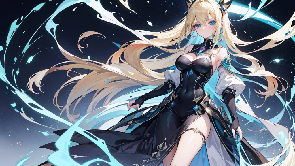 Nara Vor EndField has long, flowing blonde hair that reaches her waist and piercing blue eyes, reflecting intelligence and sharpness. She wears a wide, full-length black dress with a high collar, covering her completely and adding a touch of elegance. Her serious and focused expression suggests determination and readiness for a challenge. The abstract, glowing background enhances the mysterious and dramatic aura surrounding her, emphasizing her strong and charismatic presence.