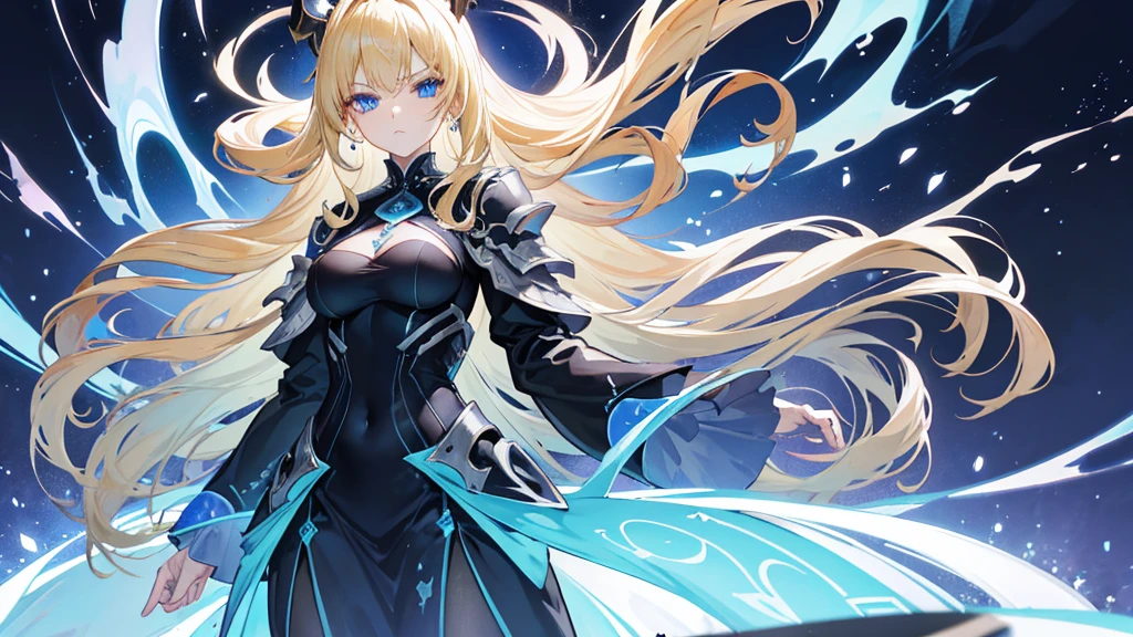 Nara Vor EndField has long, flowing blonde hair that reaches her waist and piercing blue eyes, reflecting intelligence and sharpness. She wears a wide, full-length black dress with a high collar, covering her completely and adding a touch of elegance. Her serious and focused expression suggests determination and readiness for a challenge. The abstract, glowing background enhances the mysterious and dramatic aura surrounding her, emphasizing her strong and charismatic presence.