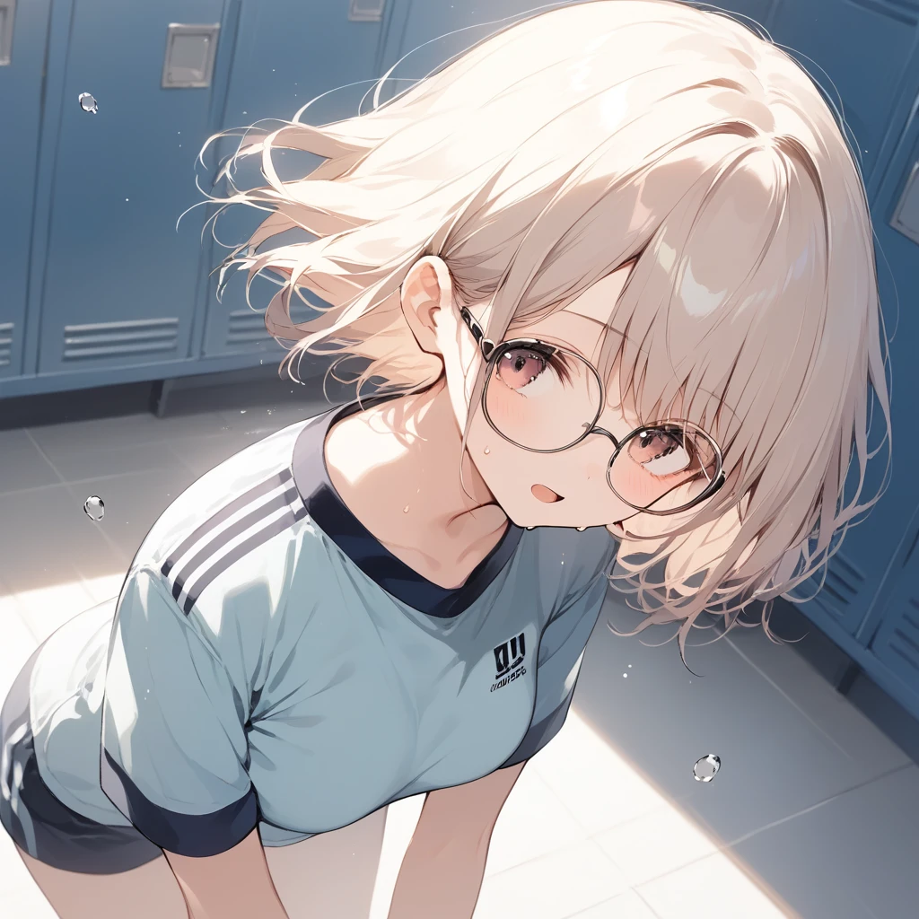 score_9, score_8_up, score_7_up, source_anime, best quality, masterpiece, official art, absurdres, highres, ultra-detailed,waifu2x,Collection: Slice of Life,break,1girl, sports uniform, bra, short hair,glasses, medium breasts, beautiful detailed eyes, sweat, open mouth, dressing, sleepily, indoors, school locker room , wind,break,(clear line illustration:1.2), super detailed skin,very high resolution, very aesthetic, Best sexual lighting powered by famous artist, 8k,cute picture,beauty illustration,photoshop_(medium),,(Detailed Lighting),best anime 8k konachan wallpaper, pixiv contest winner,