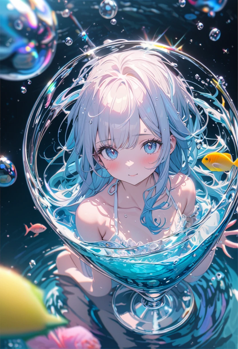 Super detailed, 8K,  Water in a glass, bubble, Right blue water, nice, bright,pretty girl,In the water,.pastel