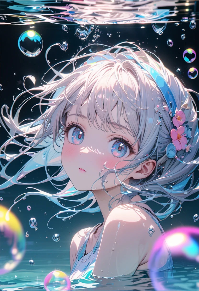 Super detailed, 8K, Water in a glass, bubble, Right blue water, nice, bright,pretty girl,In the water,.pastel