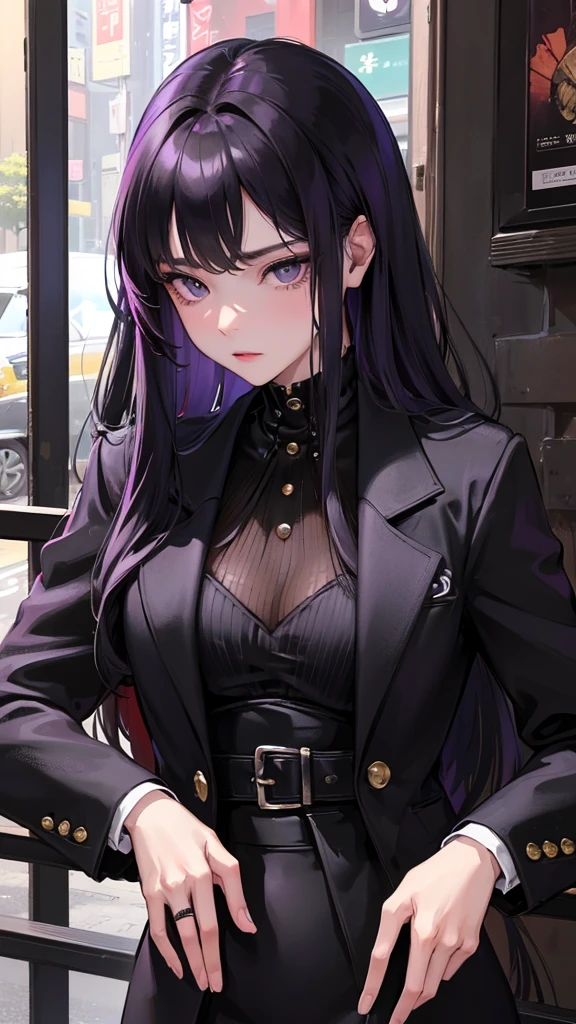 (Top resolution、Distinct_image)top-quality、female 、masterpiece、highly detailed、Semi-realistic、purple eyes 、18year old、young、cool clothing、Exquisite facial features、Facial features ,variations, potrait, a bar background, Black hair , long straight hairstyles, wear black suits, Mafia , yakuza, criminals , badass,