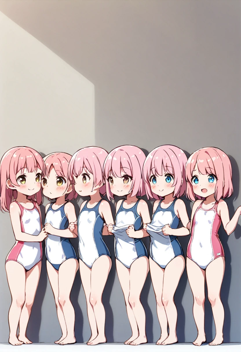 Pink Hair、Five  girls line up in a row wearing school swimsuits、Undressing、Blushing、smile