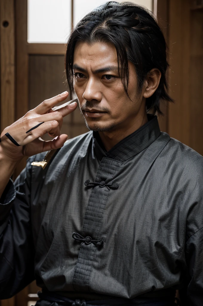 Gambar samurai Sasaki kojiro sedang melawan samurai Miyamoto Musashi