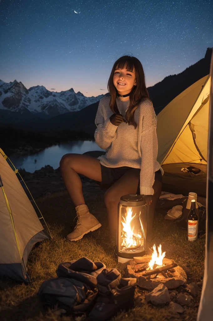 Pieces fly, Highest quality, ultra-detaileded, figure, 1 Girl, alone, Outdoor, camp, at night, mountains, nature, star, Moon, Bonfire, tent, bangs、Black short bob、pretty girl、Green Eyes、Choker to wrap around the neck、Hilarious, happy, rucksack, sleeping bag, camp stove, Water bottle, Mountain boots, gloves, sweater, Chef&#39;s hat, flashLight, forest, rock, riverbed, Wood chips, cigarette, Shadow Realms, Contrast, sunny, star座, milky way, peaceful, Selene, be quiet, Calm, remote, In the middle of nowhere, Adventurous, expedition, run away, independent, Survive, lucky, Challenge, endure, fine, Endurance, observation, Intuition, Capacity to adapt, imagine, imagine, Artistry, Inspiration, beauty products, sense of awe, wonder, thank you, grateful, relaxation, joy, Rejuvenation, Mindfulness, consciousness, connection, Harmony, Maintain balance, texture, detailed, realism, depth, perspective, Nice composition, color, Light, Shadow Realm, reflection, refraction, tone, Contrast, Qianfang, Middle Way, background, nature主義的な, Figurative, exterior, impression, Expressionism, Abstract, Innovative, Experimental, only