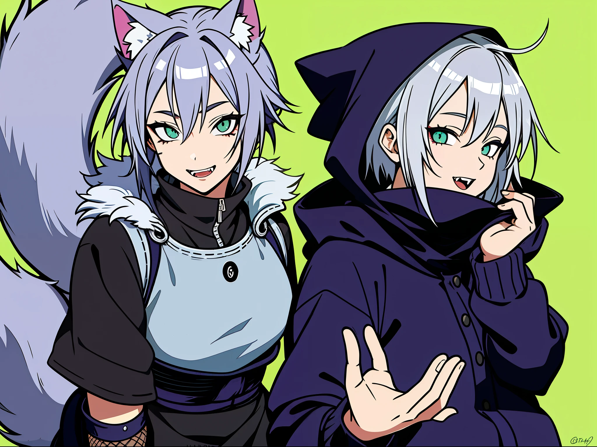 SFW, ultra 4k hd, absurdres, anime, naruto, white hair, lavender hair, gray hair, silver hair, neko, green eyes, ninja, short hair, chubby, medium breasts, messy hair, gray hair, cat ears, catgirl, nekomimi, cat tail, forehead protector, kunoichi, hair between eyes, silver hair, anime style, fullbody, eye scar, fangs, 1girl, naruto shippuden, solo, baggy clothes, alone, forest, village, 1fang, cloak, fishnets, v bangs, bangs, fluffy, dark clothes, purple clothes, clothing design, ninja fashion, light eyes, scar over eye, light green eyes, scars, hood, hood down, hood off, ((best quality:1), (masterpiece:1), (ultra-detailed:1):1.3), cinematic lighting, detailed background, detailed, absurd detail, ahoge, half updo hairstyle, dynamic lighting, (detailed background:1), sidetails, long side locks