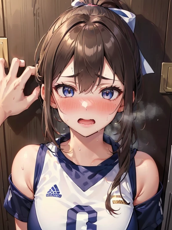 (One transcendent beautiful girl)、(((Volleyball Player))),ultra-detailed、(8K, RAW photo, best quality, masterpiece:1.2), (extremely detailed 8K wallpaper),professional lighting,sharp focus, depth of field、(((Detailed and accurate face))),((head shot)),((Highest quality)), ((masterpiece)), (((Volleyball Uniforms))),((Perfect Face、Beautiful Eyes)),(((Brown hair ponytail、Blue ribbon)))、(((Blushing、Sweat、Heavy breathing))),(((Embarrassing、Before climax、Ecstasy face)))、(((Pushed against a locker))),(((kabedon、Wall-don、Men's hands)))