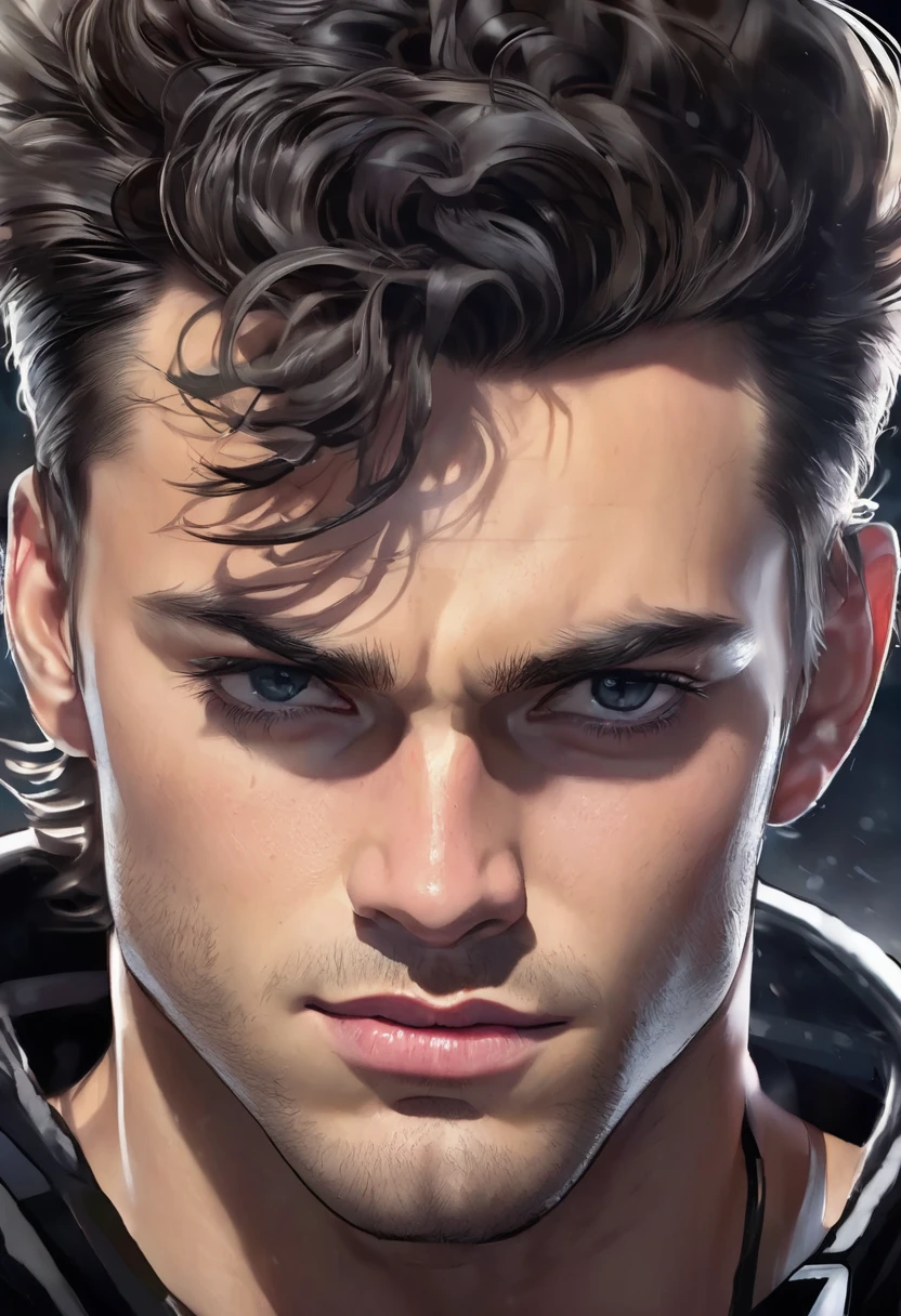 1 man, inside a clandestine race track, wearing a black shirt, detailed facial features, beautiful and masculine eyes, detailed light skin, medium-sized black wavy and messy hair, strong expression, dramatic lighting, cinematic composition, cold and dark color palette colors, atmospheric fog, strong chin, virile man, night, 25 years old, model face, face similar to hockey player michal mrazik (best quality, 4K, 8K, high resolution, art: 1,2), ultra-detailed, (realistic, photorealistic, photorealistic: 1.37)