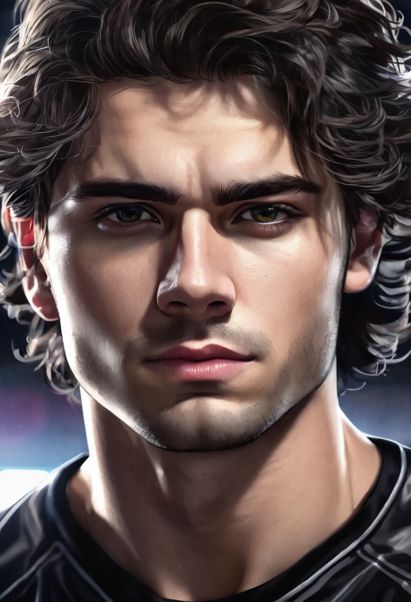 1 man, inside a clandestine race track, wearing a black shirt, detailed facial features, beautiful and masculine eyes, detailed light skin, medium-sized black wavy and messy hair, strong expression, dramatic lighting, cinematic composition, cold and dark color palette colors, atmospheric fog, strong chin, virile man, night, 25 years old, model face, face similar to hockey player michal mrazik (best quality, 4K, 8K, high resolution, art: 1,2), ultra-detailed, (realistic, photorealistic, photorealistic: 1.37)