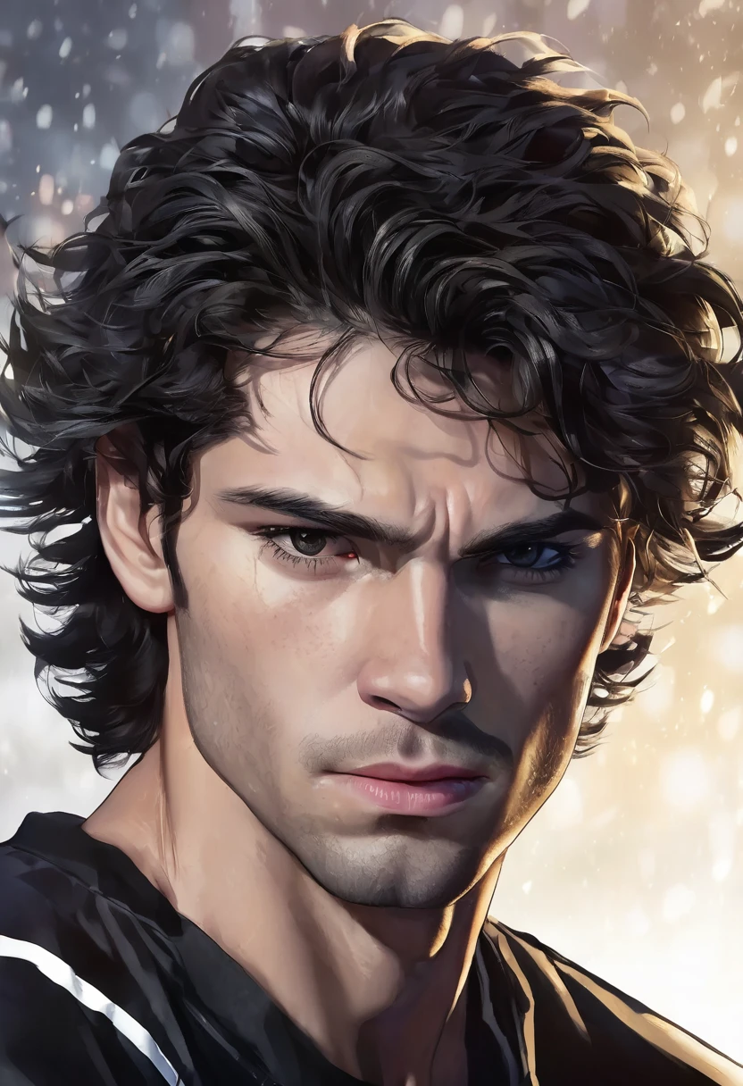 1 man, inside a clandestine race track, wearing a black shirt, detailed facial features, beautiful and masculine eyes, detailed light skin, medium-sized black wavy and messy hair, strong expression, dramatic lighting, cinematic composition, cold and dark color palette colors, atmospheric fog, strong chin, virile man, night, 25 years old, model face, face similar to hockey player michal mrazik (best quality, 4K, 8K, high resolution, art: 1,2), ultra-detailed, (realistic, photorealistic, photorealistic: 1.37)