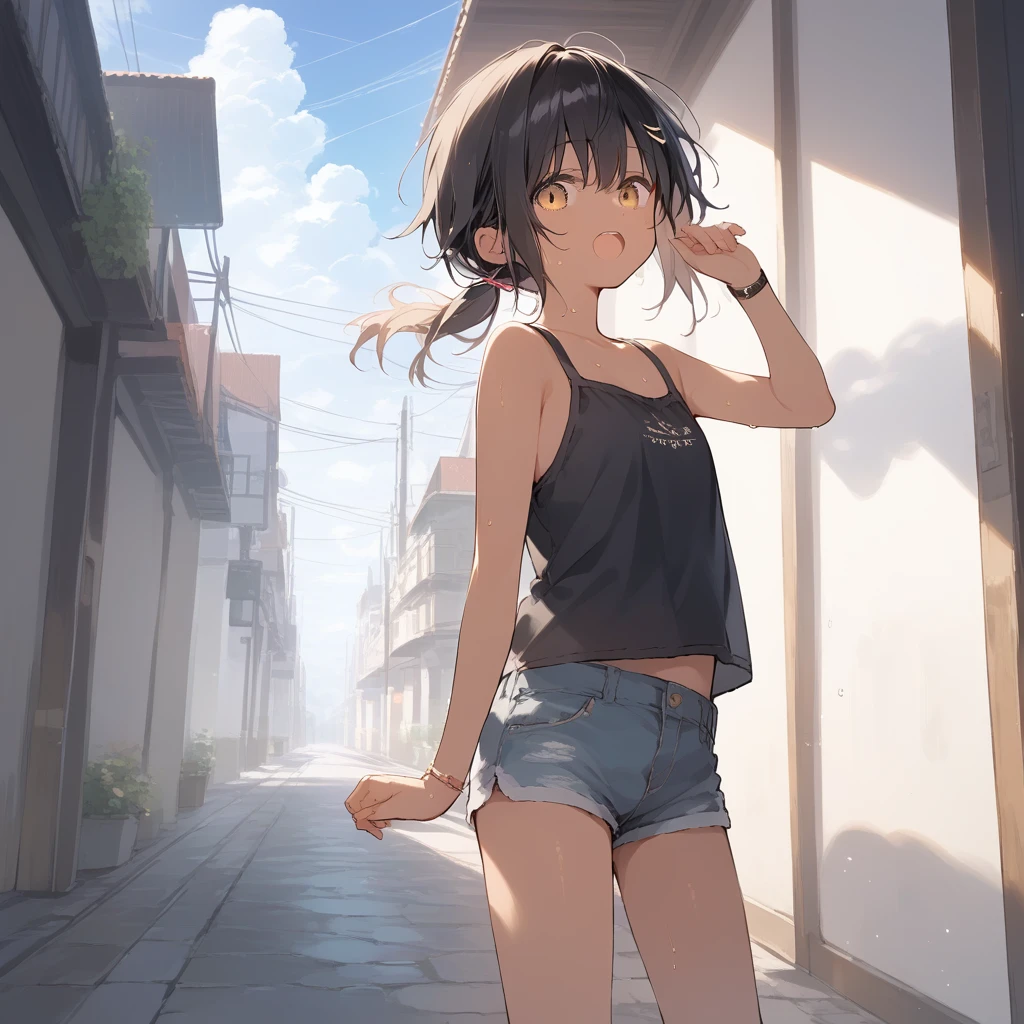 score_9, score_8_up, score_7_up, source_anime, best quality, masterpiece, official art, absurdres, highres, ultra-detailed,waifu2x,Collection: Slice of Life,break,1girl, tomboy, dark-skinned female, short hair, low ponytail, flat chest, beautiful detailed eyes, short shorts, sweat, open mouth, (yawn:0.3), sleepily, outdoors, wind,break,(clear line illustration:1.2), super detailed skin,very high resolution, very aesthetic, Best sexual lighting powered by famous artist, 8k,cute picture,beauty illustration,photoshop_(medium),,(Detailed Lighting),best anime 8k konachan wallpaper, pixiv contest winner,