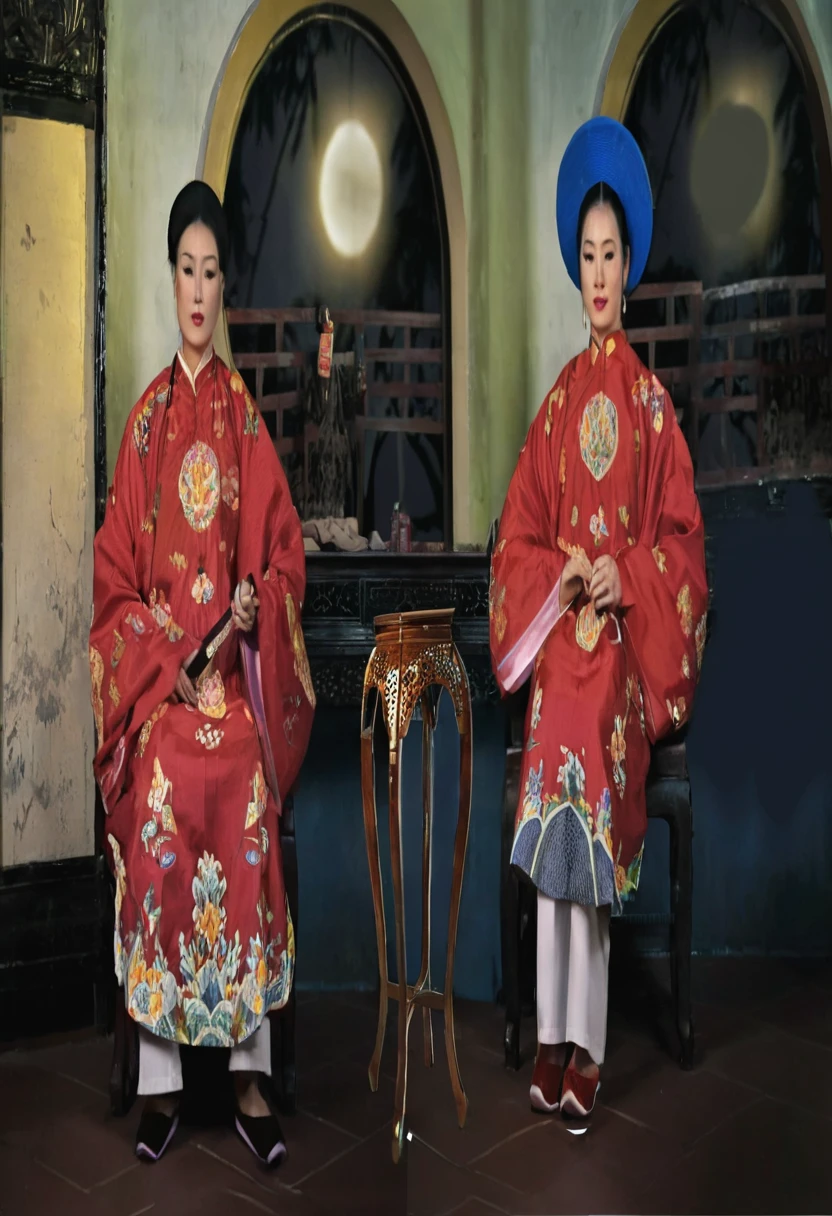 deux femmes asiatiques en vêtements traditionnels assises l'une à côté de l'autre, aodai, inspiré par Guo Xi, portrait, porter des vêtements chinois anciens, porter des vêtements en soie ornés, Vêtements traditionnels chinois, inspiré par Xie Huan, dans le style de Lam Manh, par l'œuvre d'art Hoang Tuong, costumes de coupe traditionnelle, a portrait, Hanfu, grand portrait, assis dans une aisance royale