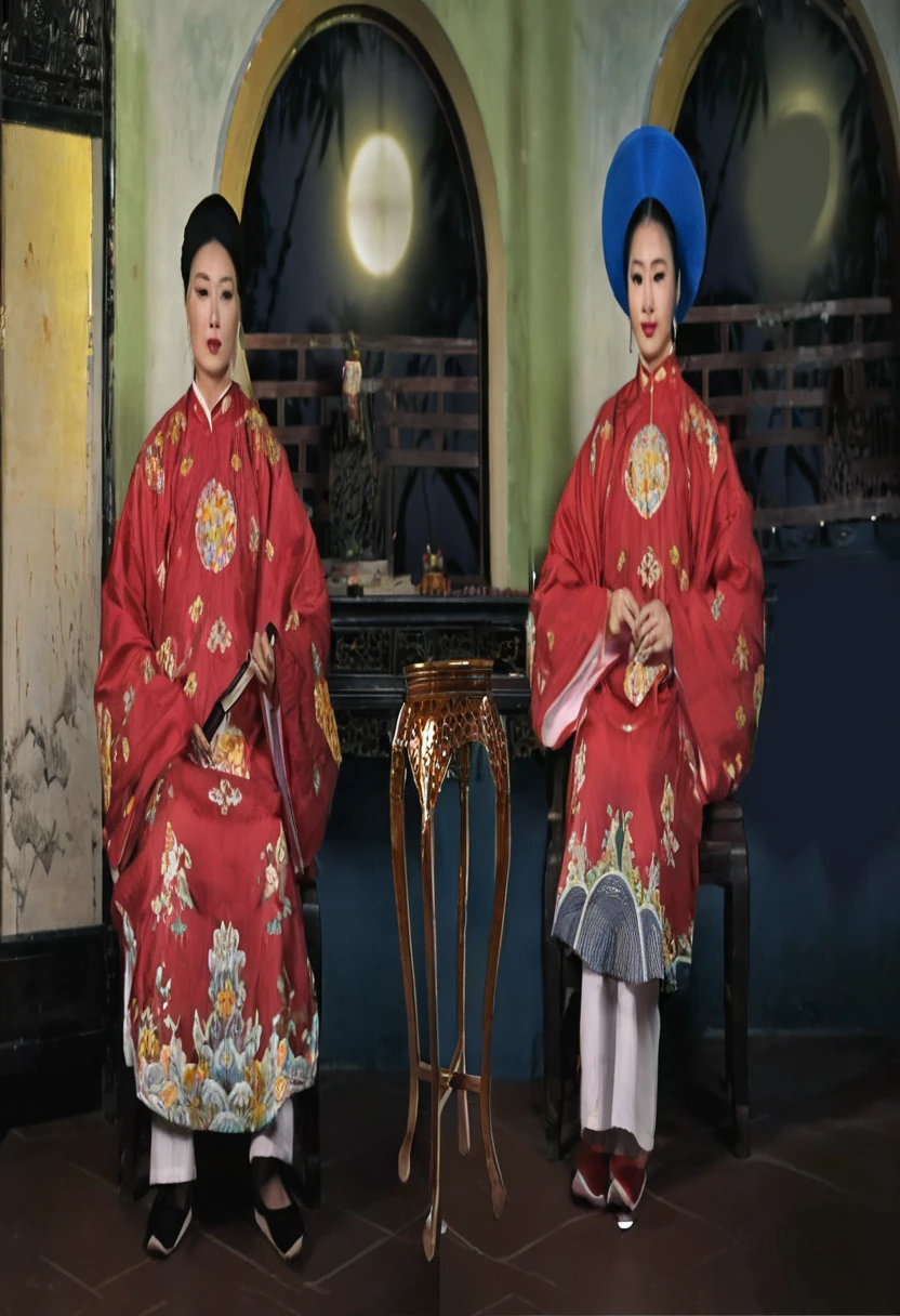 deux femmes asiatiques en vêtements traditionnels assises l&#39;une à côté de l&#39;autre, aodai, inspiré par Guo Xi, portrait, porter des vêtements chinois anciens, porter des vêtements en soie ornés, Vêtements traditionnels chinois, inspiré par Xie Huan, dans le style de Lam Manh, par l&#39;œuvre d&#39;art Hoang Tuong, costumes de coupe traditionnelle, a portrait, Hanfu, grand portrait, assis dans une aisance royale