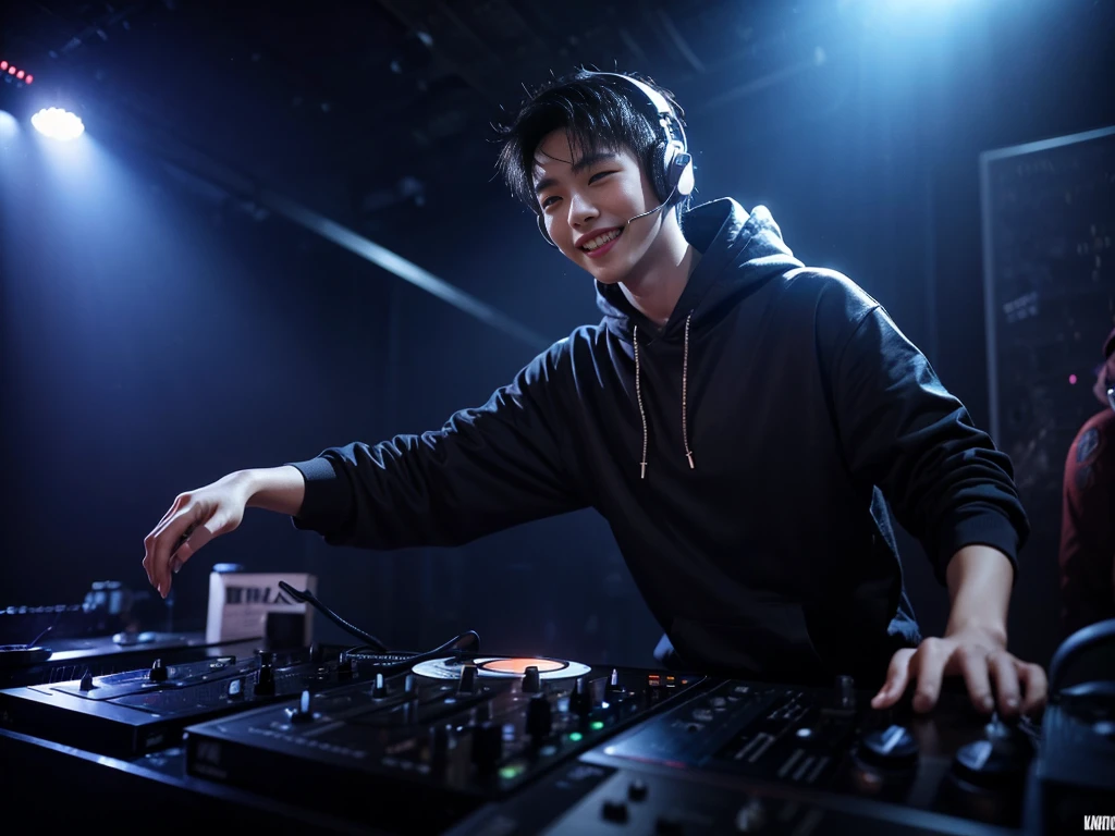 A stunning, ultra-high-resolution image of a young Korean man, showcasing his signature hip-hop pop outfit with a black hoodie and silver DJ headphones.
His hair is styled in a trendy sort cut, and he is smiling as he expertly DJs on stage. The scene is illuminated by disco lighting, casting a captivating glow on the stage and equipment. The male DJ stands proudly in front of his gear, with the spotlight highlighting his every move. The overall ambiance of the image is cinematic and conceptual, blending dark fantasy elements with a vibrant and energetic atmosphere., photo, conceptual art, dark fantasy, cinematic, illustration