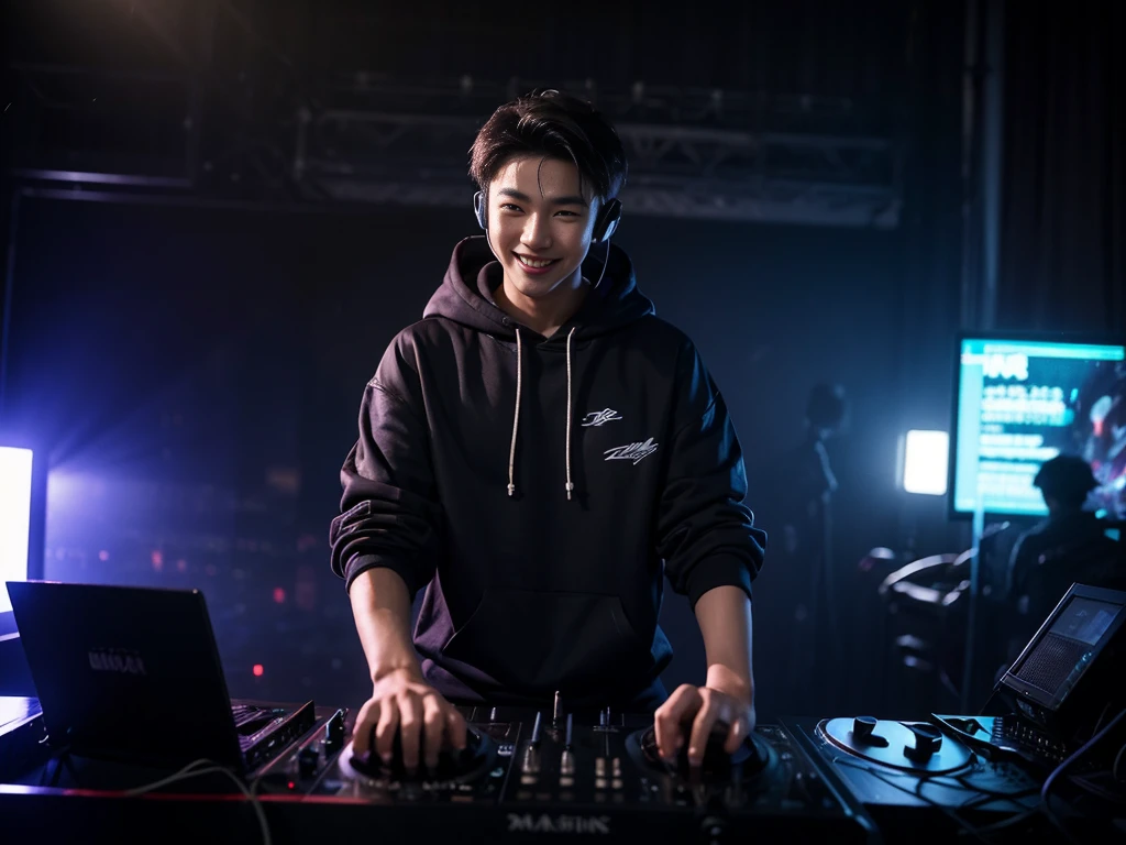 A stunning, ultra-high-resolution image of a young Korean man, showcasing his signature hip-hop pop outfit with a black hoodie and silver DJ headphones.
His hair is styled in a trendy sort cut, and he is smiling as he expertly DJs on stage. The scene is illuminated by disco lighting, casting a captivating glow on the stage and equipment. The male DJ stands proudly in front of his gear, with the spotlight highlighting his every move. The overall ambiance of the image is cinematic and conceptual, blending dark fantasy elements with a vibrant and energetic atmosphere., photo, conceptual art, dark fantasy, cinematic, illustration