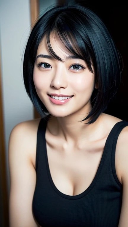 Highest quality、Japanese women、The most beautiful woman in the world、sexy、Blue-black hair color、Short Hair Style、Small face、Beautiful skin、night、Large breasts、Realistic、A big smile、turn around、An ennui look、Black tank top