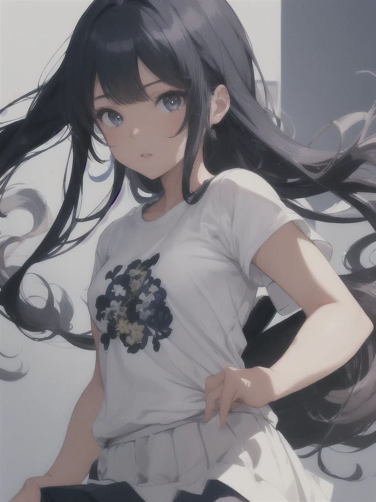 masterpiece, best quality, ultra-detailed, illustration, close-up, straight on, face focus, female, dark blue hair, black eyes, long hair, wearing a white t-shirt, wearing a skirt, a 22 years old girl, blank background.