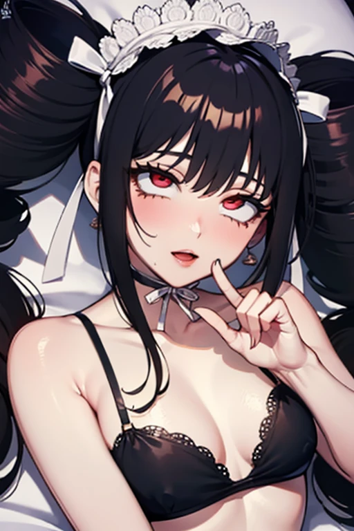 a hot seductive mature woman, celestia ludenberg, lying down in bed. she has a curvy but slim body, with lovely curves and long sexy legs, and a slim figure. her skin is so smooth that it glows. her hair is long and black, and the long pigtails are fluffy and messed up. her eyes and red and sharp with long eyelashes. she's wearing a black bikini, as well as a pair of long black boots and a choker. her pose is seductive and alluring: she's lying with down on the bed while looking at the viewer. the viewer is in front of her and has a close up of her face from above. HD, very detailed picture