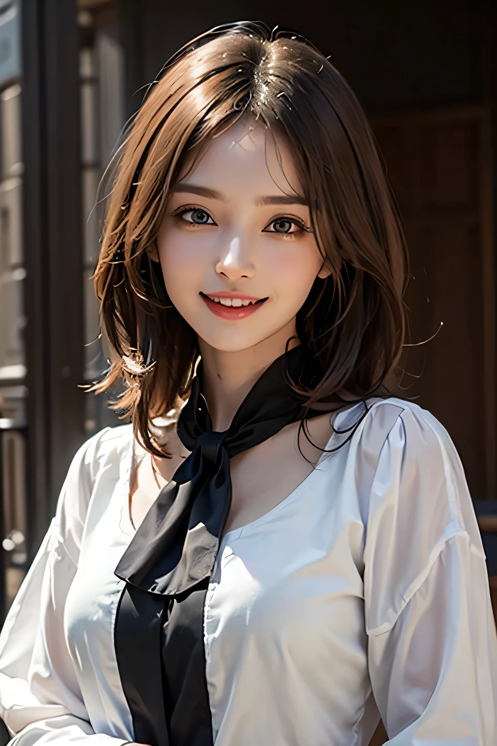 ((masterpiece)), ((Highest quality)), ((Complex)), ((Surreal)), (Realistic), (Mature Woman), ((There are no classes)), Very detailed, (1 female), Beautiful and exquisite, (Beautiful Teeth), Grin, Brunette Bob Hair, Brown eyes, ((blouse)), (Upper Body), (background:none), Perfect Eyes, Captivating eyes, Looking at the audience