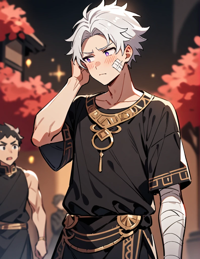  Greek boy with white hair, violet eyes, wearing an all-black Greek shirt with small gold details, with bandages on his cheek and arm, standing scratching his head while looking away blushing, with an all-red garden in a blurred background