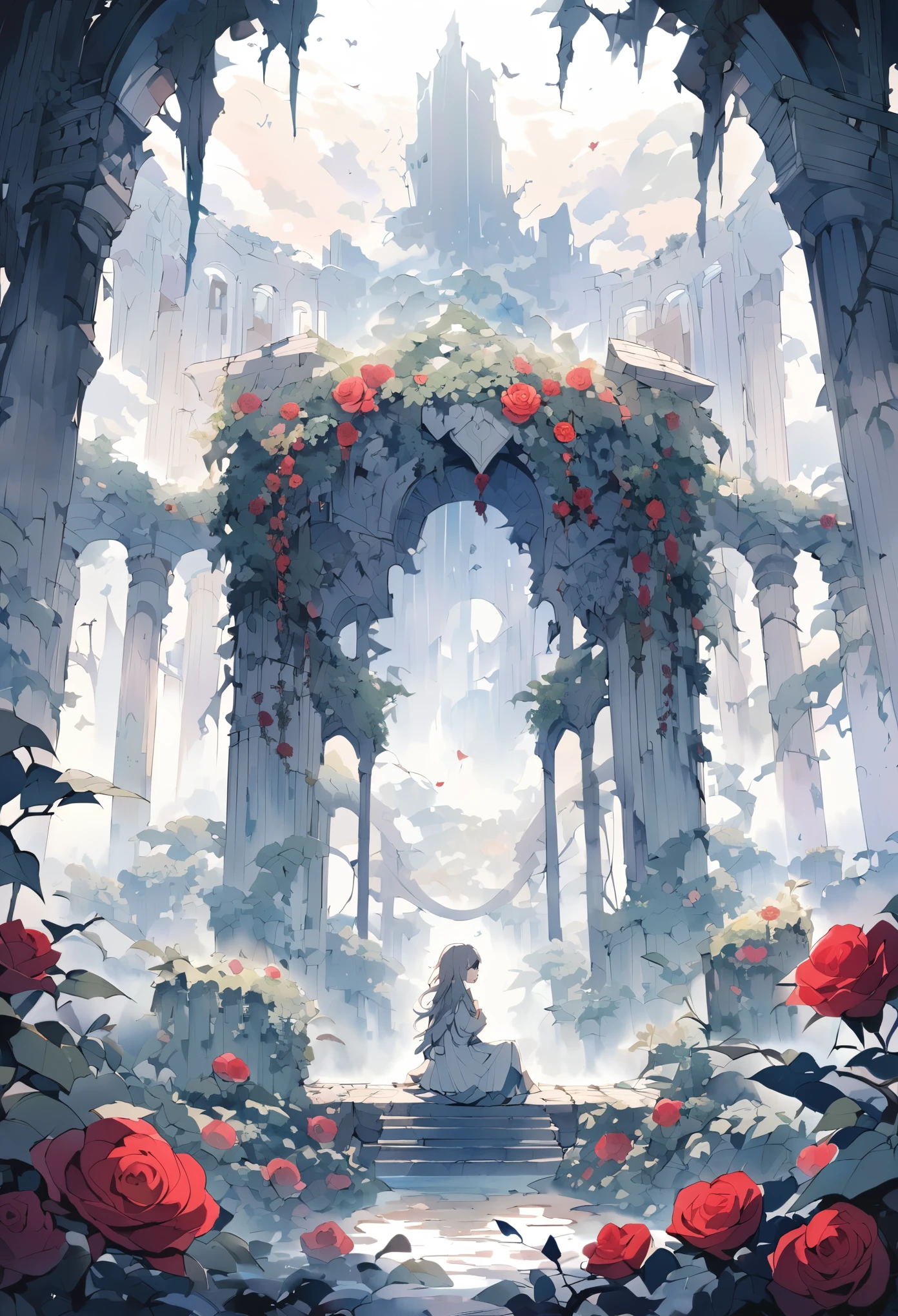 Girl sitting on ruins、The pillars are covered with ivy.々The red rose-like flowers bloom in、The whole place is covered in mist, creating a fantastical landscape.、Pale colors、Watercolor-like style