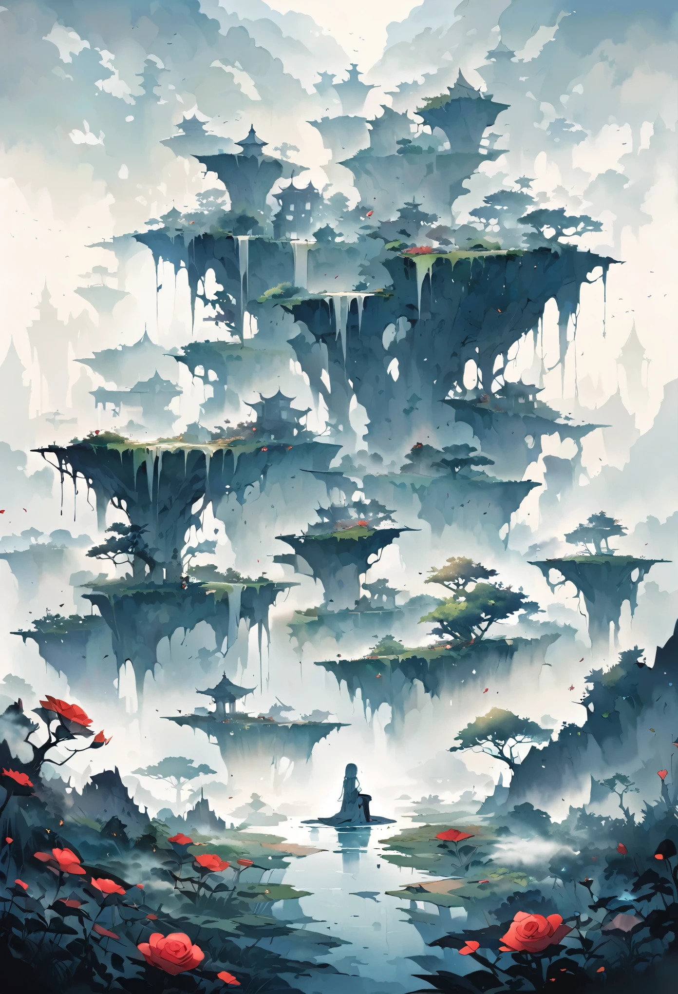 Poster Quality,artwork,Girl sitting on ruins、(The pillars are covered with ivy.々The red rose-like flowers bloom in:0.9)、(The whole place is covered in mist, creating a fantastical landscape.:1.5)、Pale colors、Watercolor-like style