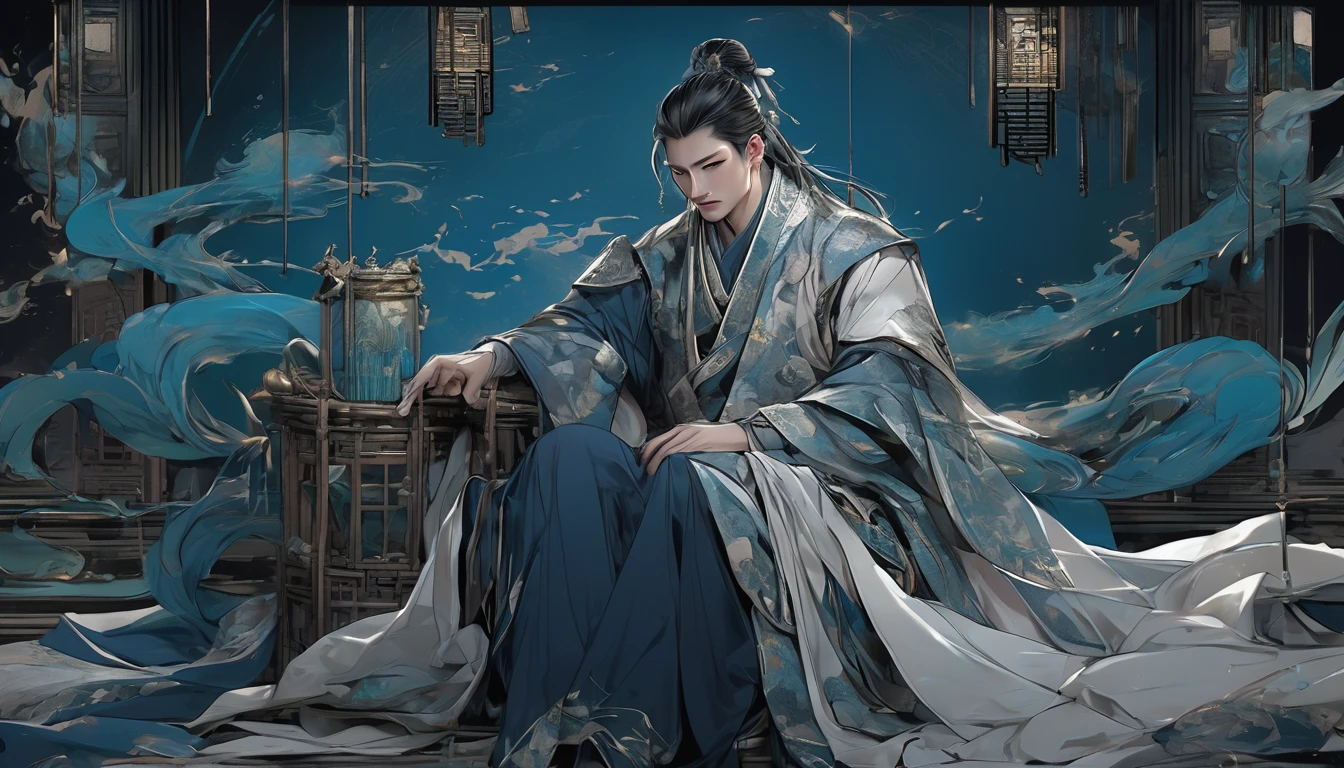 Line art drawing comic a perfect handsome male, Clear Face, A young man in his 18s, Beautiful, Hanfu, ((whole body)), Fine grain,villain, Detailed face,Perfect hand-crafted detail,Dark Background,darkness,liquor,Throne,
cast (unfathomable,Bamboo Flooring,Snake Glass Panel Brownian Motion,Diagonal lines,Zenith angle,Dust storm,Superfluid,ball,oval ,Flowing magic:1.0)| emperor, (Vibrant,Illuminate,Enthusiast,cycle,dark blue,Chrome Yellow Arcanum,Dazzling,shine ,liquid crystal,Space dust,Teleport,The Magic of Dashed Lines:1.0) Purification spell, Trace the symbol on the parchment with a quill, Precisely craft a spell, Astral Sparkle, Simple Positive XLv1, Ultra-high resolution, wallpaper, 8K,Richly textured details, Elevation, A magnificent composition, . graphic illustration, Comic art, graphic novel art, Vibrant, Very detailed . Professional, Sophisticated, Modern, Minimalist, graphic, Line art, vector graphics