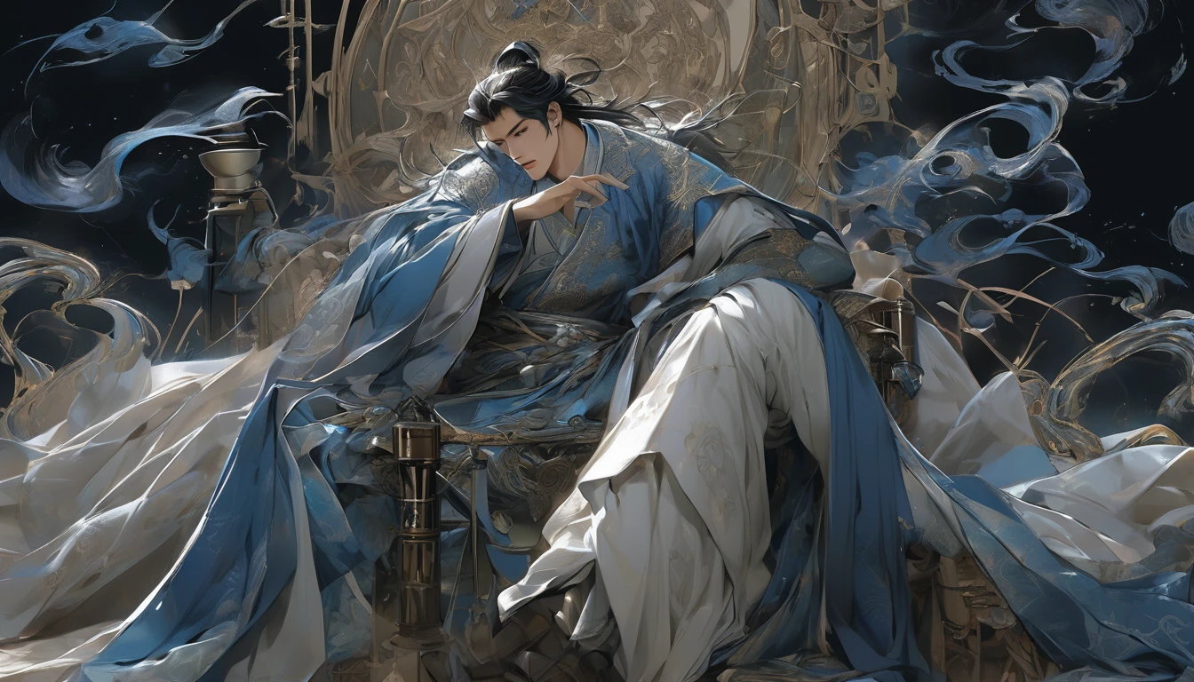 Line art drawing comic a perfect handsome male, Clear Face, A young man in his 18s, Beautiful, Hanfu, ((whole body)), Fine grain,villain, Detailed face,Perfect hand-crafted detail,Dark Background,darkness,liquor,Throne,
cast (unfathomable,Bamboo Flooring,Snake Glass Panel Brownian Motion,Diagonal lines,Zenith angle,Dust storm,Superfluid,ball,oval ,Flowing magic:1.0)| emperor, (Vibrant,Illuminate,Enthusiast,cycle,dark blue,Chrome Yellow Arcanum,Dazzling,shine ,liquid crystal,Space dust,Teleport,The Magic of Dashed Lines:1.0) Purification spell, Trace the symbol on the parchment with a quill, Precisely craft a spell, Astral Sparkle, Simple Positive XLv1, Ultra-high resolution, wallpaper, 8K,Richly textured details, Elevation, A magnificent composition, . graphic illustration, Comic art, graphic novel art, Vibrant, Very detailed . Professional, Sophisticated, Modern, Minimalist, graphic, Line art, vector graphics