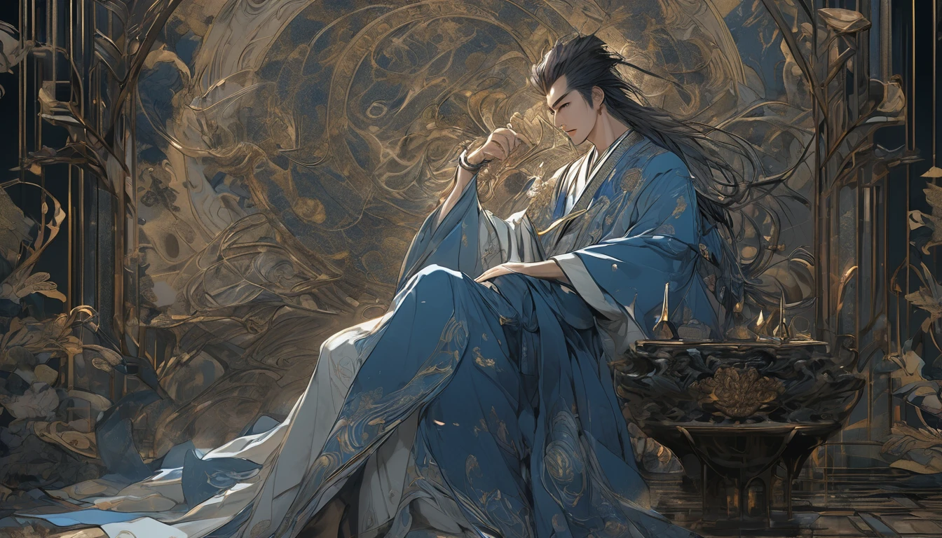 Line art drawing comic a perfect handsome male, Clear Face, A young man in his 18s, Beautiful, Hanfu, ((whole body)), Fine grain,villain, Detailed face,Perfect hand-crafted detail,Dark Background,darkness,liquor,Throne,
cast (unfathomable,Bamboo Flooring,Snake Glass Panel Brownian Motion,Diagonal lines,Zenith angle,Dust storm,Superfluid,ball,oval ,Flowing magic:1.0)| emperor, (Vibrant,Illuminate,Enthusiast,cycle,dark blue,Chrome Yellow Arcanum,Dazzling,shine ,liquid crystal,Space dust,Teleport,The Magic of Dashed Lines:1.0) Purification spell, Trace the symbol on the parchment with a quill, Precisely craft a spell, Astral Sparkle, Simple Positive XLv1, Ultra-high resolution, wallpaper, 8K,Richly textured details, Elevation, A magnificent composition, . graphic illustration, Comic art, graphic novel art, Vibrant, Very detailed . Professional, Sophisticated, Modern, Minimalist, graphic, Line art, vector graphics