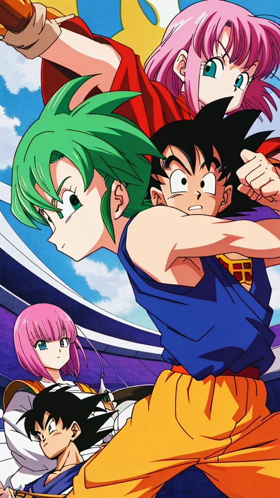 high quality、masterpiece、Akira Toriyama、Deformation、An illustration、Pink Hair、short hair、Blue-green eyes、whole body、battle、One person