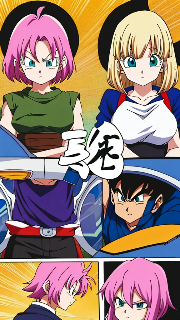 high quality、masterpiece、Akira Toriyama、Deformation、An illustration、Pink Hair、short hair、Blue-green eyes、whole body、battle、One person