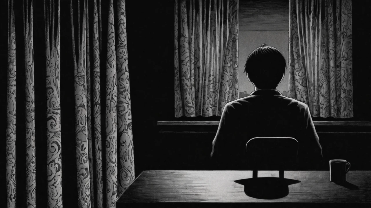 In a dark and poorly lit room, A man is sitting at the table, with your back to the window, The dim light reveals a shadowy figure peering discreetly through the half-open curtains., Your eyes glow faintly in the darkness, creating an atmosphere of suspense and intrigue, Junji Ito, psychological horror, grotesque, detailded, focusing on distorted shadows and surrealistic elements.