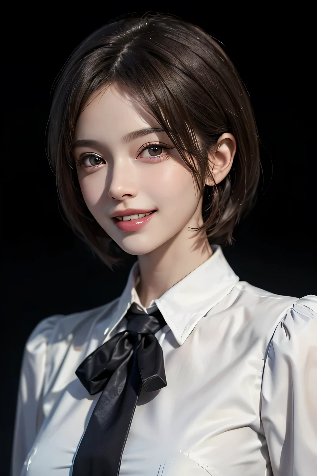 ((masterpiece)), ((Highest quality)), ((Complex)), ((Surreal)), (Realistic), (Mature Woman), ((There are no classes)), Very detailed, (1 female), Beautiful and exquisite, (Beautiful Teeth), Grin, Brunette Bob Hair, Brown eyes, ((blouse)), (Upper Body), (background:none), Perfect Eyes, Captivating eyes, Looking at the audience