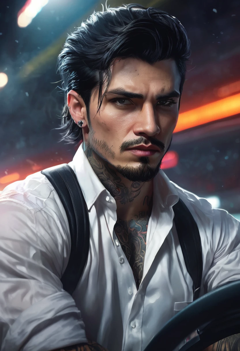 1 man, inside a clandestine car racing track, wearing a white shirt, detailed facial features, beautiful masculine eyes, detailed light skin, medium black hair, strong expression, tattoos on the body, dramatic lighting, cinematic composition, color palette cold and dark colors, atmospheric fog, strong chin, manly man, night,(best quality, 4K, 8K, high resolution, art: 1.2), ultra-detailed, (realistic, photorealistic, photorealistic: 1.37)