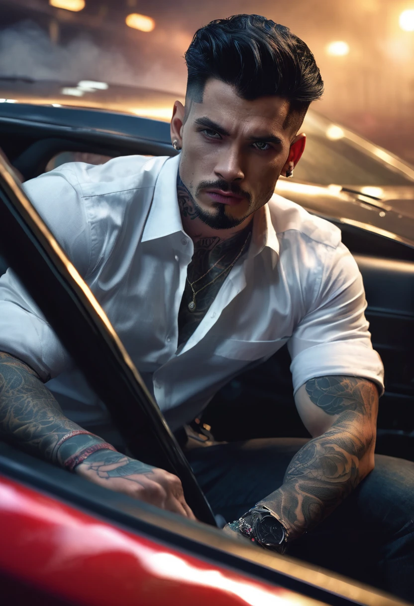1 man, inside a clandestine car racing track, wearing a white shirt, detailed facial features, beautiful masculine eyes, detailed light skin, medium black hair, strong expression, tattoos on the body, dramatic lighting, cinematic composition, color palette cold and dark colors, atmospheric fog, strong chin, manly man, night,(best quality, 4K, 8K, high resolution, art: 1.2), ultra-detailed, (realistic, photorealistic, photorealistic: 1.37)