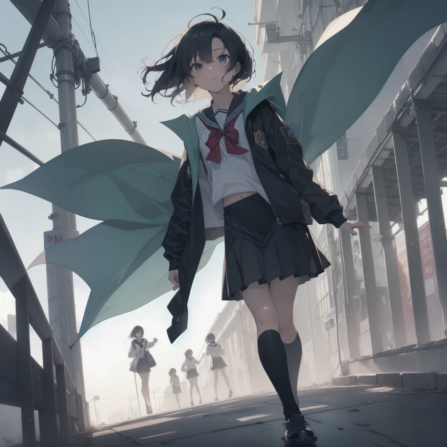 ultra-absurdres-Top quality by artist God, ultra-detailed, high resolution, anime moe artstyle, best anime 8k konachan wallpaper, pixiv contest winner, pool:2810, perfect anatomy,break, 1girl, (Please draw a girl walking sleepily to school alone. )break,(Solo,little female, 13-year-old:1.3),Full limbs, complete fingers,a junior high school student, (very short hair), short cut, flat chest, , small butt, small black eyes, beautiful detailed eyes, well-proportioned iris and pupils, expressive eyes, highres detailed hair, soft expression, salor school_uniform, sailor collar, serahuku, bow, pleated skirt,(Detailed Lighting), (Detailed background), in the School commute route. break,super detailed skin, Best cinematic lighting powered by famous artist, 8k,beauty illustration,photoshop_(medium),very aesthetic,break,((artist:mizuki_makoto )), artist:clamp ,artist:carnelian ,artist:kantoku ,