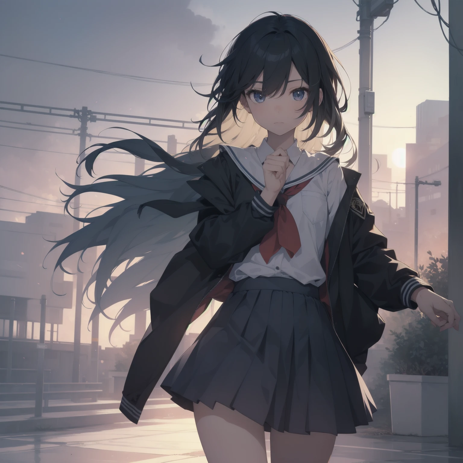ultra-absurdres-Top quality by artist God, ultra-detailed, high resolution, anime moe artstyle, best anime 8k konachan wallpaper, pixiv contest winner, pool:2810, perfect anatomy,break, 1girl, (Please draw a girl walking sleepily to school alone. )break,(Solo,little female, 13-year-old:1.3),Full limbs, complete fingers,a junior high school student, (very short hair), short cut, flat chest, , small butt, small black eyes, beautiful detailed eyes, well-proportioned iris and pupils, expressive eyes, highres detailed hair, soft expression, salor school_uniform, sailor collar, serahuku, bow, pleated skirt,(Detailed Lighting), (Detailed background), in the School commute route. break,super detailed skin, Best cinematic lighting powered by famous artist, 8k,beauty illustration,photoshop_(medium),very aesthetic,break,((artist:mizuki_makoto )), artist:clamp ,artist:carnelian ,artist:kantoku ,