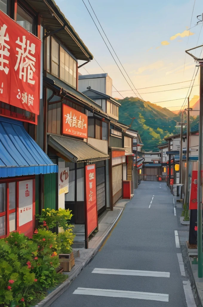 anime background, anime wallpaper, anime, anime style, praise, praise style, Modern Japanese streets, Mountain々, Uphill, Modern Japanese architecture, Japanese Convenience Stores, big retro japanese Store sign, Retro Japanese shop, wood, plant, rock, 植wood鉢, Store sign, Japanese Banner, Japanese Signs, flag, sunrise, Golden Hour, Golden lighting, Empty Streets, no one in sight, (no one: 1), Highest quality