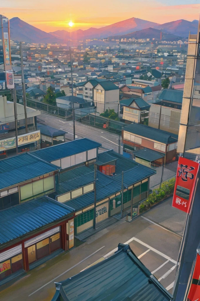 anime background, anime wallpaper, anime, anime style, praise, praise style, Modern Japanese streets, Mountain々, Uphill, Modern Japanese architecture, Japanese Convenience Stores, big retro japanese Store sign, Retro Japanese shop, wood, plant, rock, 植wood鉢, Store sign, Japanese Banner, Japanese Signs, flag, sunrise, Golden Hour, Golden lighting, Empty Streets, no one in sight, (no one: 1), Highest quality