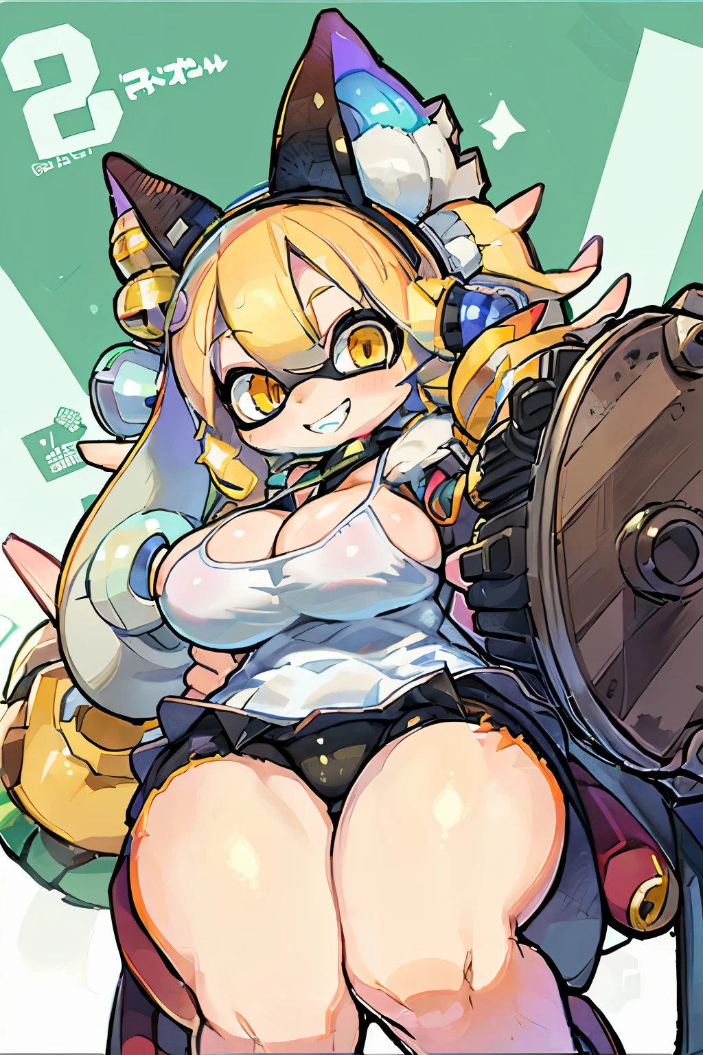 Tabletop, Highest quality, One Splatoon girl, A slightly thinner face、Sharp eyes, Golden Eyes、 smile, Rocket Launcher、big round glasses,camisole、(Jagged teeth)、gigantic breast、Cleavage、