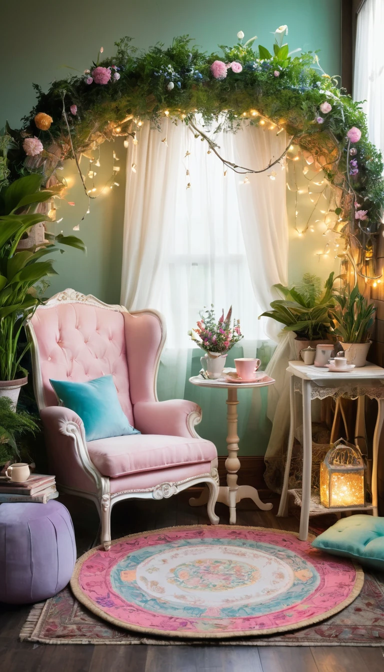  Create an image of an enchanted reading nook that blends the "Fairy Romantasy" and "Dopamine Decor" aesthetics. This nook is set in a whimsical forest with a canopy of glowing fairy lights. The seating area features a cozy, oversized armchair with vibrant, eclectic patterns. Surrounding the chair are stacks of vintage books, a small wooden table with a steaming cup of tea, and potted plants with pastel-colored flowers. The backdrop includes elements like pastel drapery, vintage plates on the wall, and whimsical decor items such as teapots and fairy figurines. The overall atmosphere should be magical and inviting, making it a perfect space for escaping into a good book.