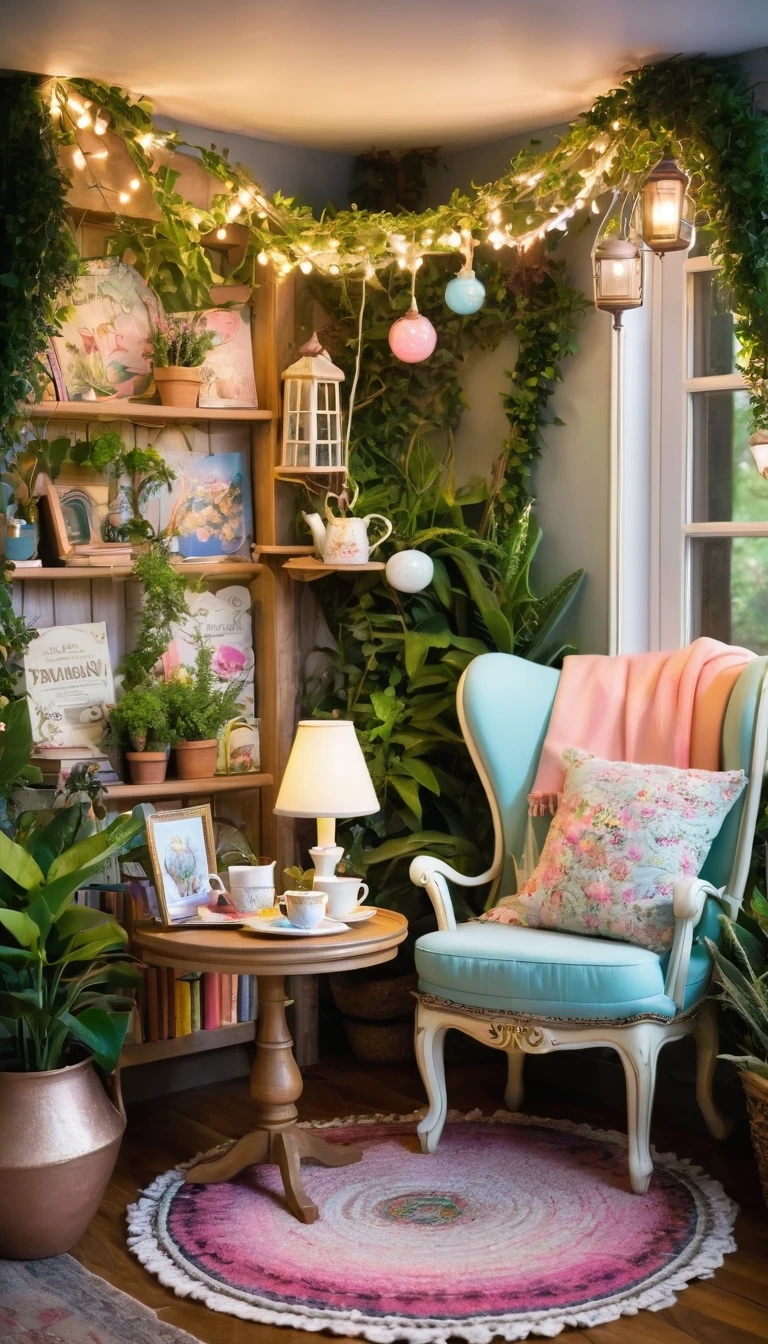  Create an image of an enchanted reading nook that blends the "Fairy Romantasy" and "Dopamine Decor" aesthetics. This nook is set in a whimsical forest with a canopy of glowing fairy lights. The seating area features a cozy, oversized armchair with vibrant, eclectic patterns. Surrounding the chair are stacks of vintage books, a small wooden table with a steaming cup of tea, and potted plants with pastel-colored flowers. The backdrop includes elements like pastel drapery, vintage plates on the wall, and whimsical decor items such as teapots and fairy figurines. The overall atmosphere should be magical and inviting, making it a perfect space for escaping into a good book.