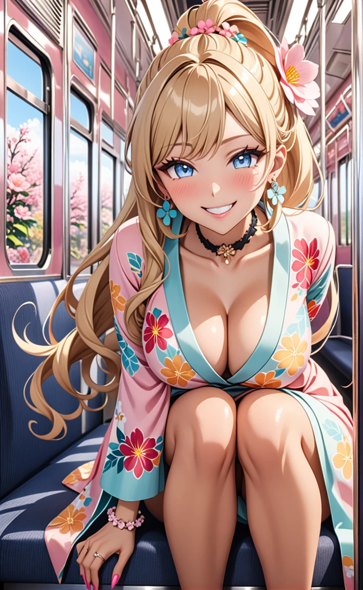 ultra-detailed, ((one girl)), in pastel colors gyaru, (heavy makeup), hyper detailed, absurdres, 8K, Beautiful Face, (Laugh shyly), ((teasing smile:1.8)), ((Wink:1.5)), (Laugh with your mouth wide open),((Tilt your face:1.6)), View your viewers, ((full-face blushed:1.6)),Glossy Red Lips, (tan skin:1.5), ((Big Breasts:1.5)), ((show off breast)), ((undressing)), noon, on the train, (Brighten your face), ((Anime style background)),masterpiece, Highest quality, so beautiful,Latest, Complex details, (Pink long nails), (nail art), (ring),(bracelet), (Floral Choker),AI-generated, Complex,High resolution, Highest quality, super high quality,3D Images、3D Images,One person, (Blonde long hair), (High Ponytail), (wavy hair:1.3), Pastel anime woman posing for a photo, ((Fine grain、blue eyes、glowing eyes:1.4)), (Squint your eyes:1.1),a hyperRealistic , hyperRealistic , Realistic,Long blonde anime woman, Smooth anime CG art, A girl in a gorgeous pastel-colored kimono, ((Pastel colored long sleeve kimono)),(Pink large floral pattern), Long flower hair ornament,Floral Earrings,Mature Body, tall, Tight waist,((Sit in the seat)), ((leaning forward:1.6)), ((hand between legs:1.5)), (from below),
