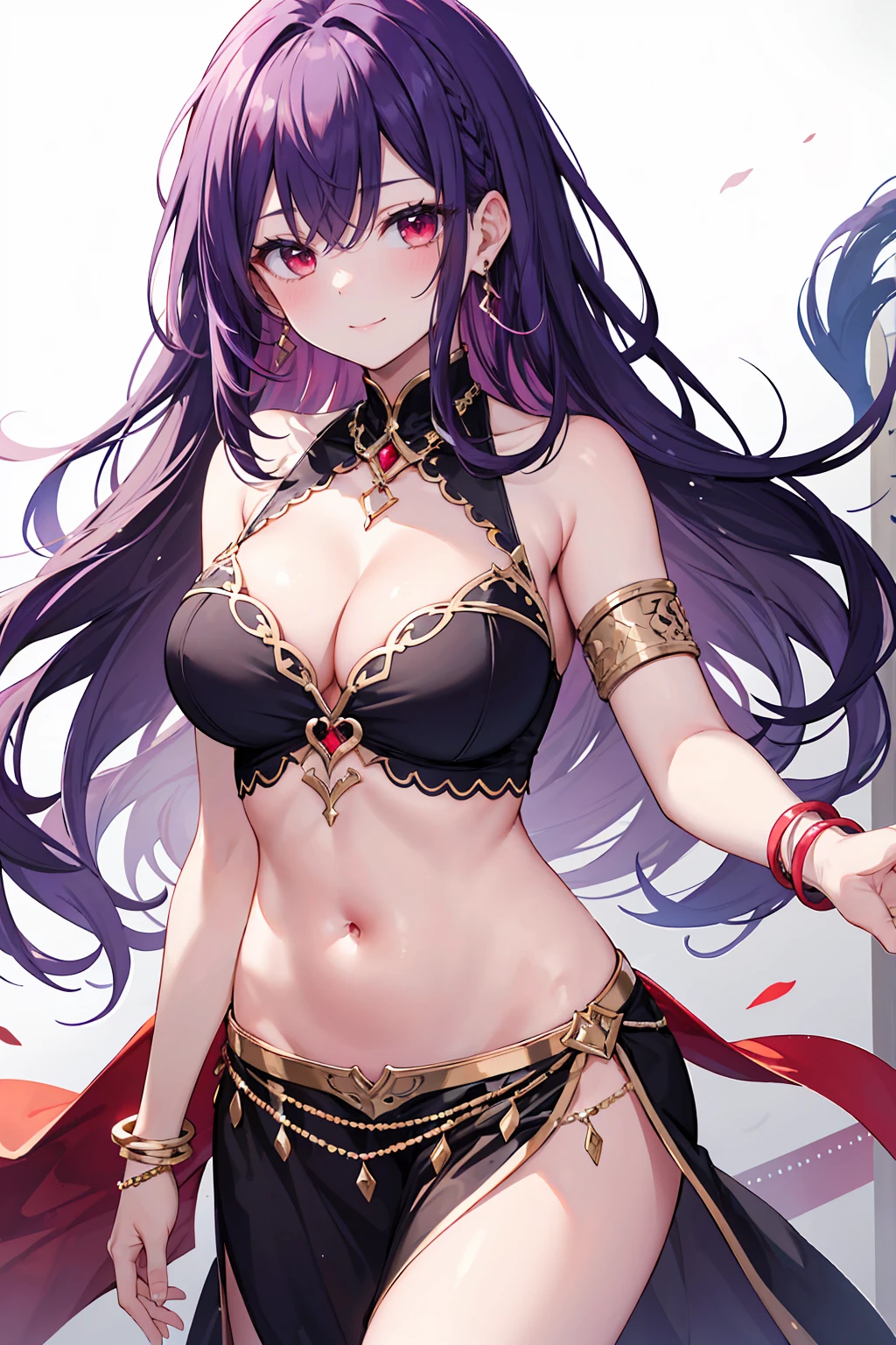 high quality, ultra detailed, best quality, insanely detailed, beautiful, masterpiece, 1girl, white background, cowboy shot, red eyes, long hair, purple hair, belly dancer, circlet, earrings, armlets, bracelets, bashful smile, large breasts, cleavage, soft stomach