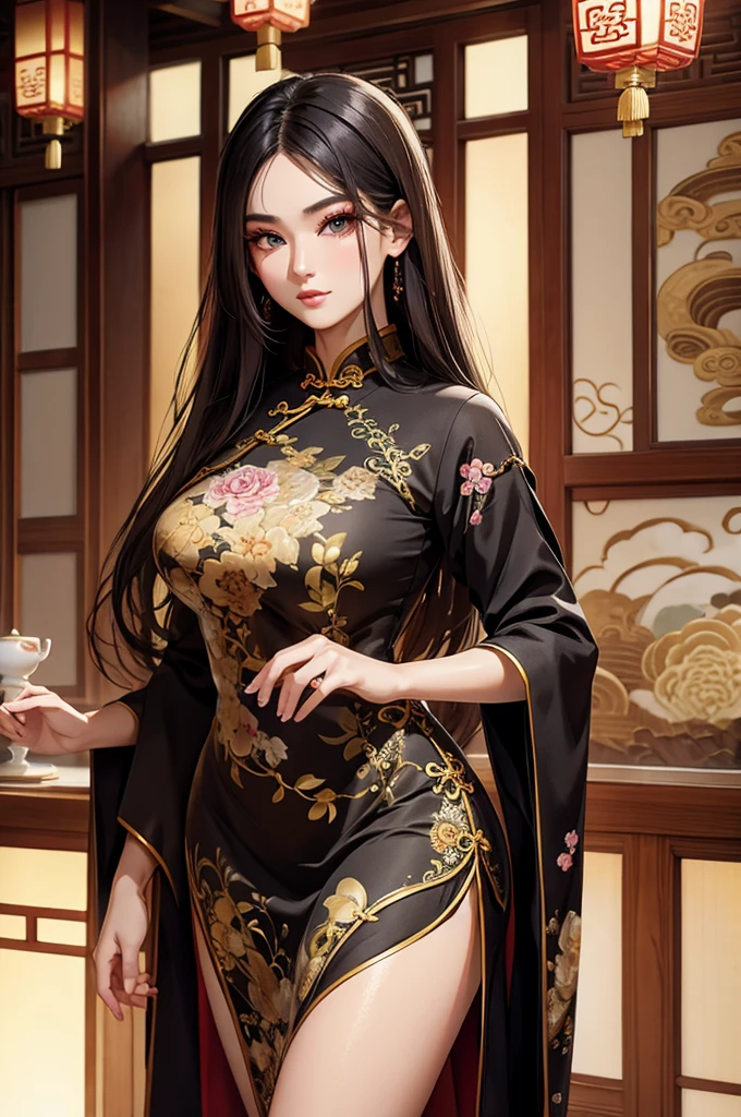 ((highest quality)),(ultra high resolution),(Super detailed),(detailed description),((best CG)),(best work of art),super precision art,amazing drawing art,(Chinese style art with precise details:1.5), (woman:1.6),(beautiful and well-shaped face:1.7),(A cheongsam dress with intricate patterns that are intricately detailed.:1.5),(Shiny and flowing hair:1.6),(natural makeup:1.6),Beautiful leg lines:1.3,calmness,calm