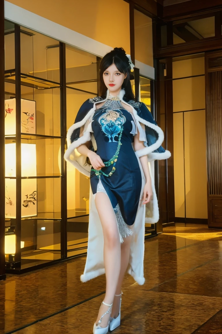 best quality, tmasterpiece,Ultra-high resolution,Clear face,(Reality:1.4),ferpect lighting,(full body), (photorealistic:1.50), anime wallpaper, Guviz style artwork, cover-up fantasy up to magic , by Yang J, Guviz, beautiful artwork illustration, beautiful digital artwork, beautiful digital illustration, Li Song, beautiful anime portrait, art style in Beauvot, 1girl, 独奏,cosplay, looking at the audience,
long hair, black hair, hair bun, blue eyes, Chinese dress,
indoor, grassland, park, standing, night sky, looking at viwer,