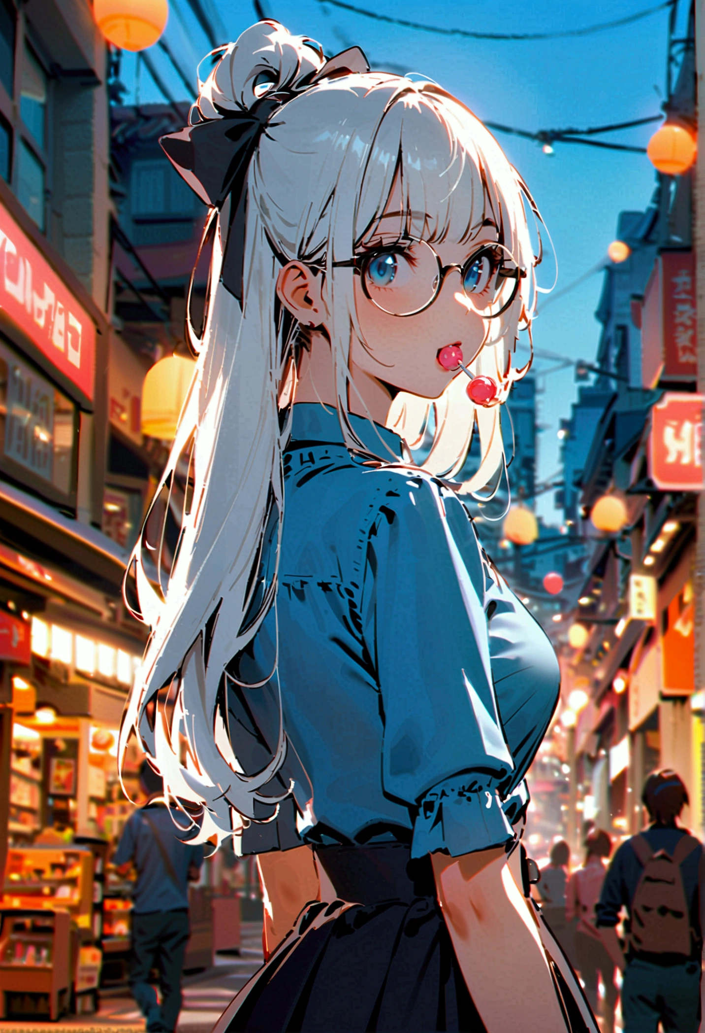 A woman with long white hair, bangs, a black bow in her hair, black round glasses with a candy in her mouth, wearing a blue shirt and a short skirt, her back turned halfway in the middle of the city during the daytime.