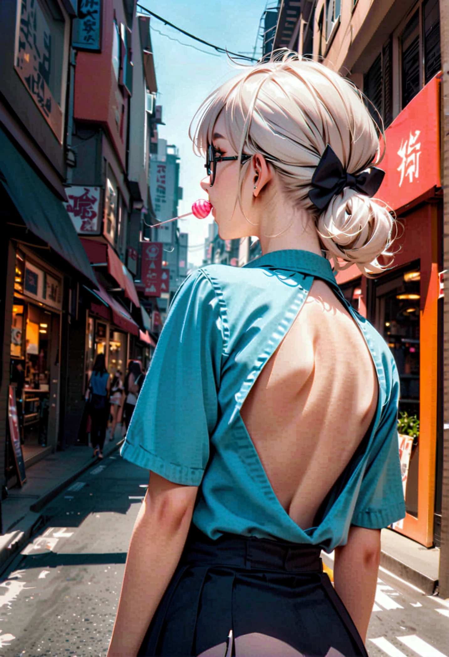 A woman with long white hair, bangs, a black bow in her hair, black round glasses with a candy in her mouth, wearing a blue shirt and a short skirt, her back turned halfway in the middle of the city during the daytime.