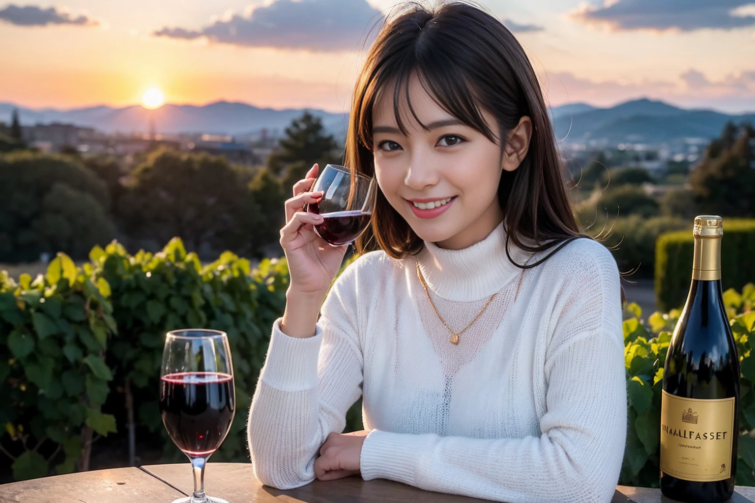 ((Highest quality、8K、masterpiece:1.3))、1 male 1 female,37 years old 39 years old、Slim Beauty、Beautiful couple、Upper Body、smile、 (Slim face), (the body is スリム), (Brown Hair), (Shortcuts), テーブルのフルコースディナーとwine glass、Amazing view of the sunset sky and clouds、smileの美しさ、Wine bottle、sparkling wine、Long sleeve shirt、dress、White wine, red wine, wine glass, Beautiful fine grain, Depth f/2,saturation, High Contrast, Strong light and shadow,Moist Body:1.5、 texture、The hair is very shiny、